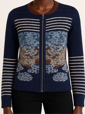 Anthropologie Sparrow Arras Navy Blue Wool Zip Front Cardigan Sweater, Size M